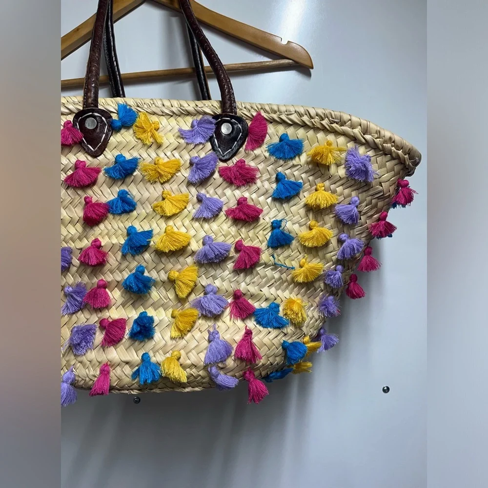 Soeur DU Marco straw tote travel beach bag neutral colorful tassles